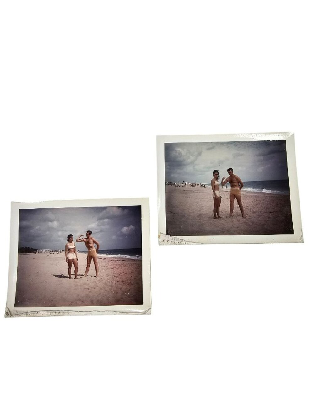 Set of 2 Vintage Polaroid Photos Beach Couple Awkward Muscle Pose 1970 3x4"